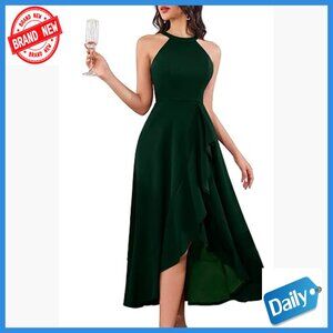 Halter Maxi Dress Formal Prom Wedding Guest Party Elegant Ruffle Slit
